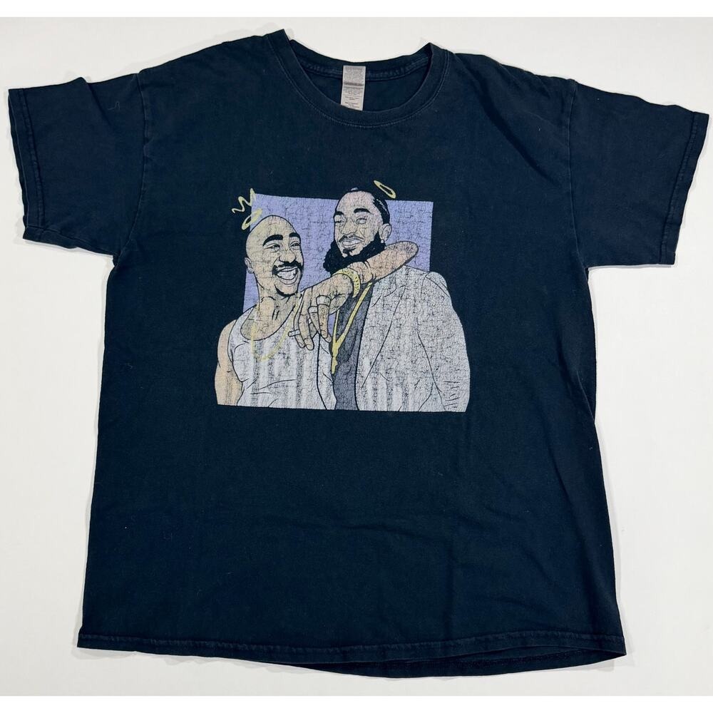 Tupac Shakur Nipsey Hussle Graphic Tee‎ Mens Black Rap Hip Hop T-Shirt L